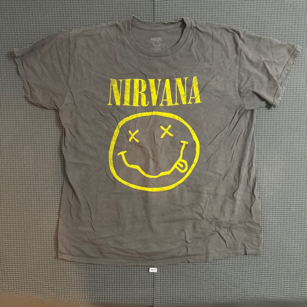 Nirvana Smiley Face Graphic T-Shirt Charcoal Gray Yellow Logo Size Large